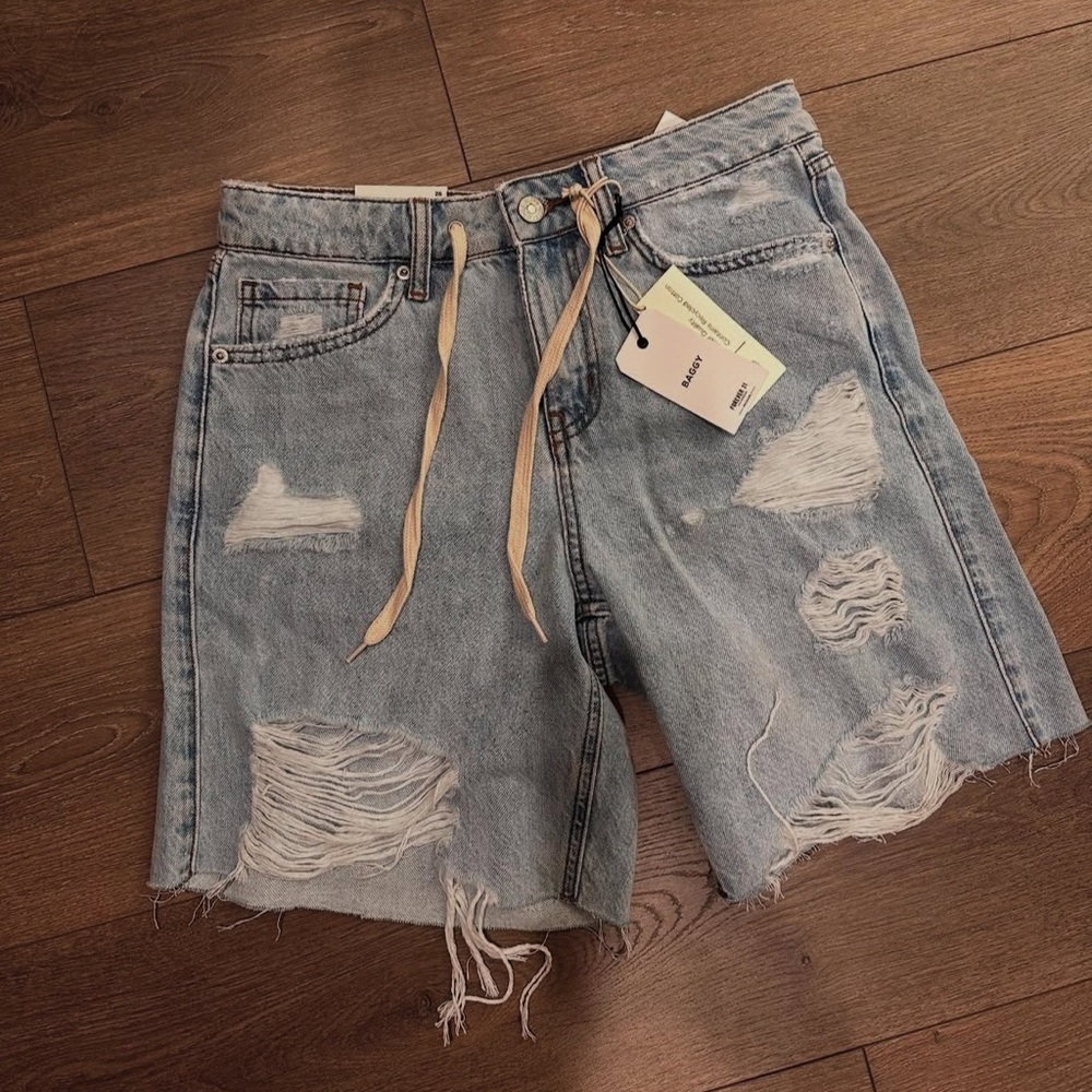 Distressed Denim Shorts with Drawstring
